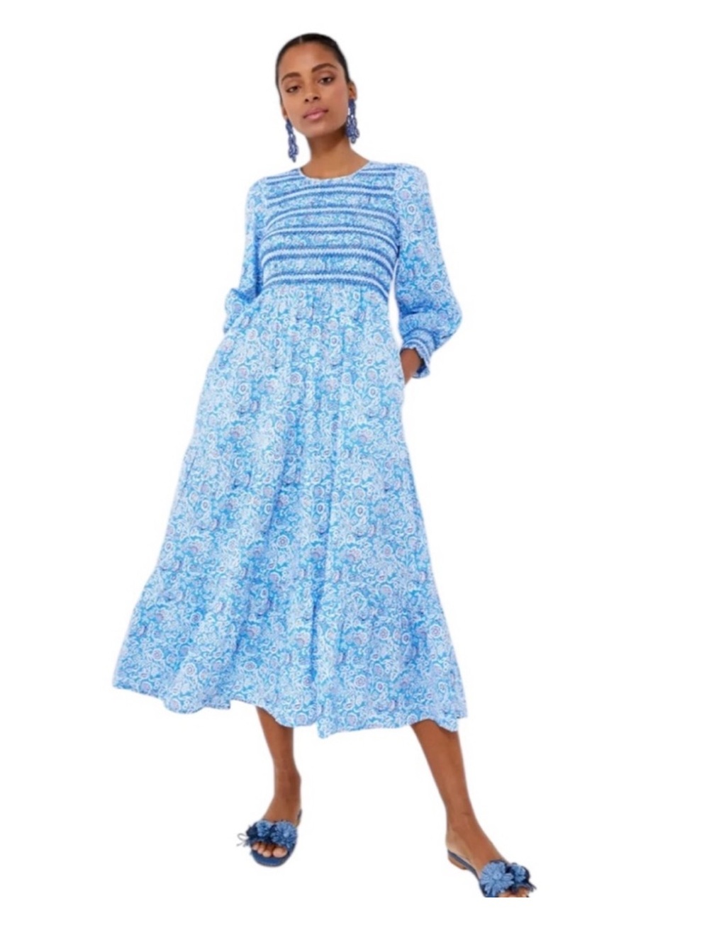 NWT Pink City Prints Isabel Cotton Smocked Blue White Long Sleeve Midi Dress Med